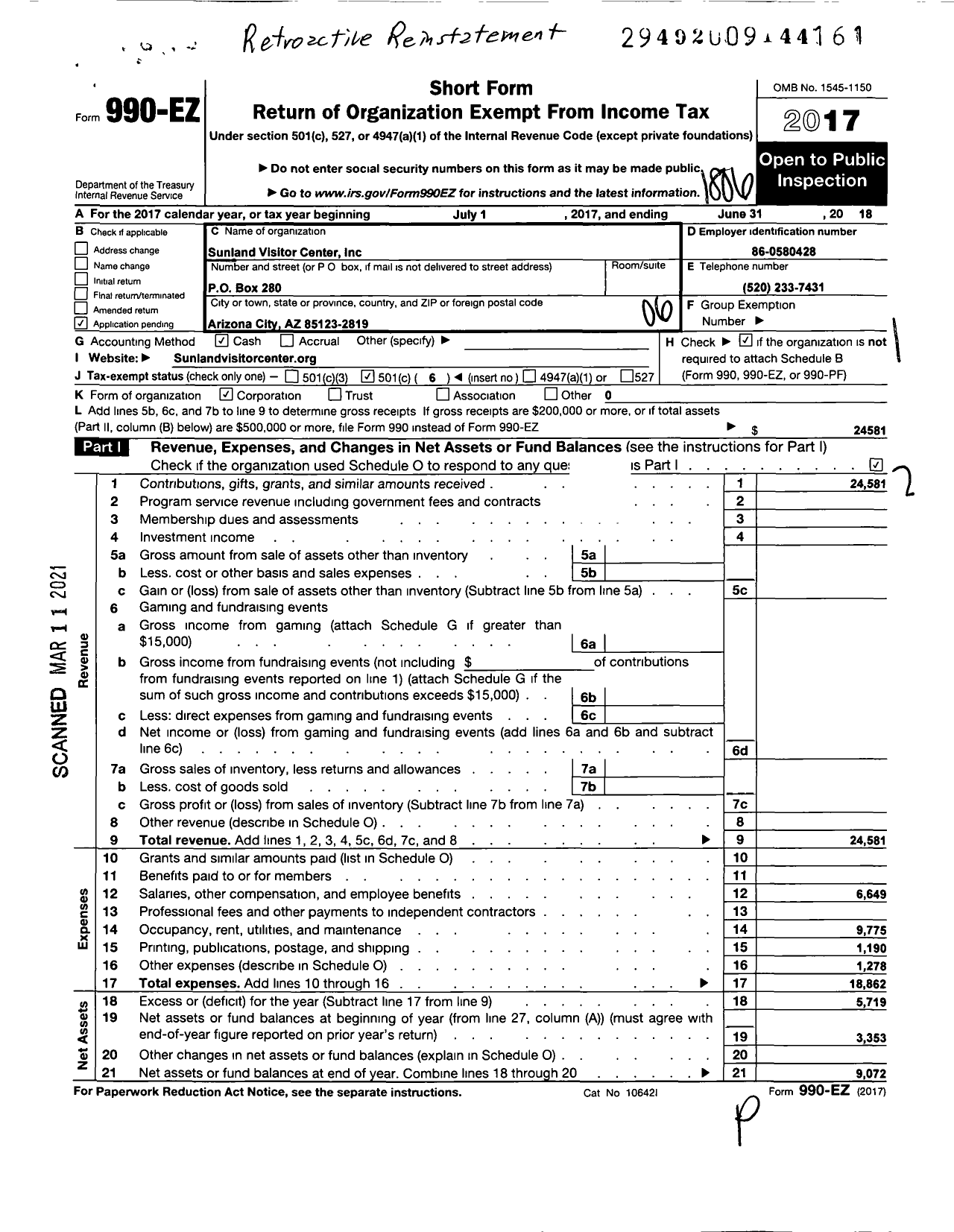 Image of first page of 2017 Form 990EO for Sunland Visitor Center