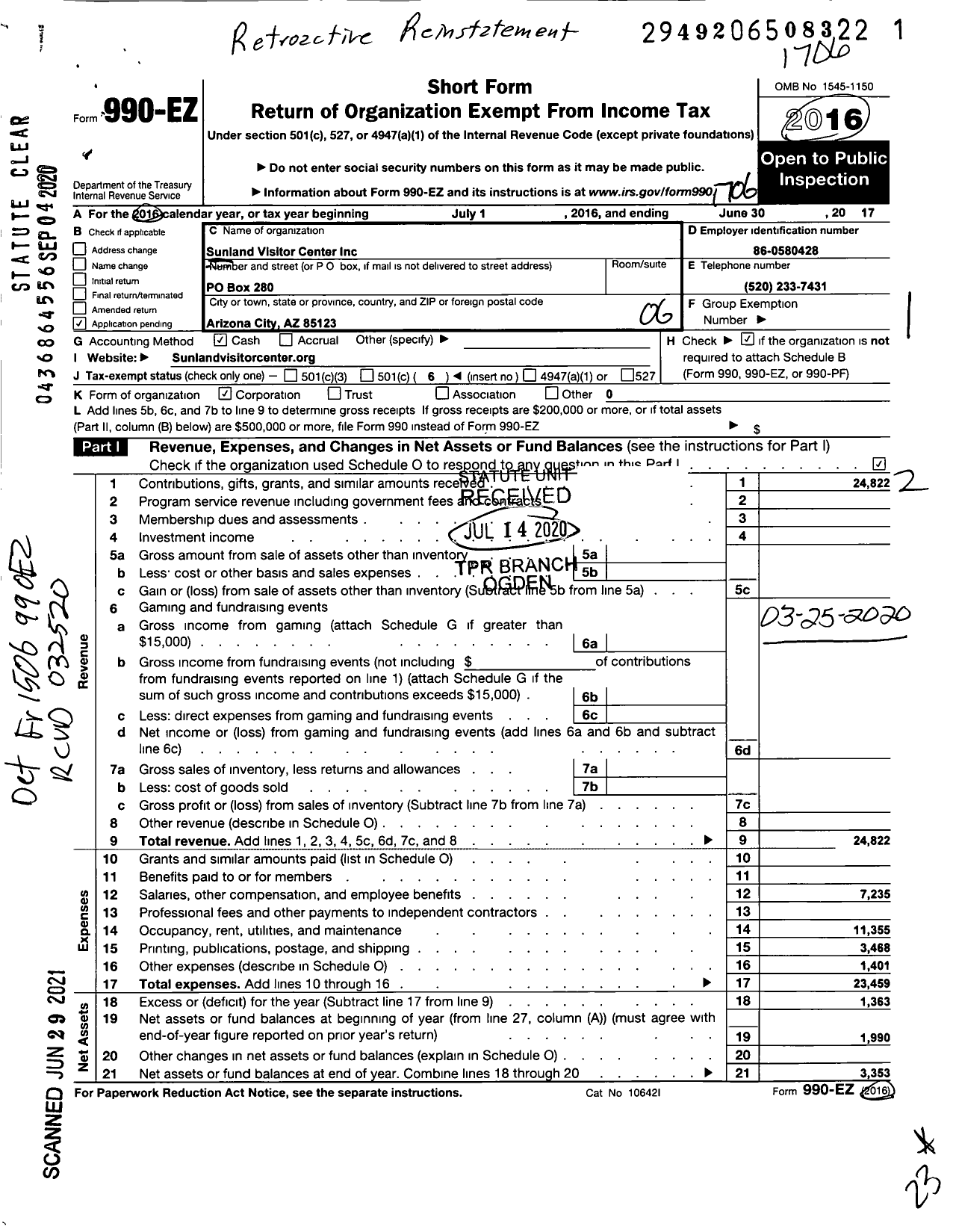 Image of first page of 2016 Form 990EO for Sunland Visitor Center