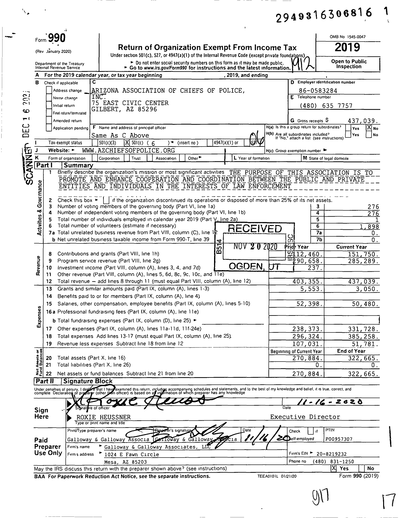 Image of first page of 2019 Form 990O for Arizona Association of Chiefs of Police