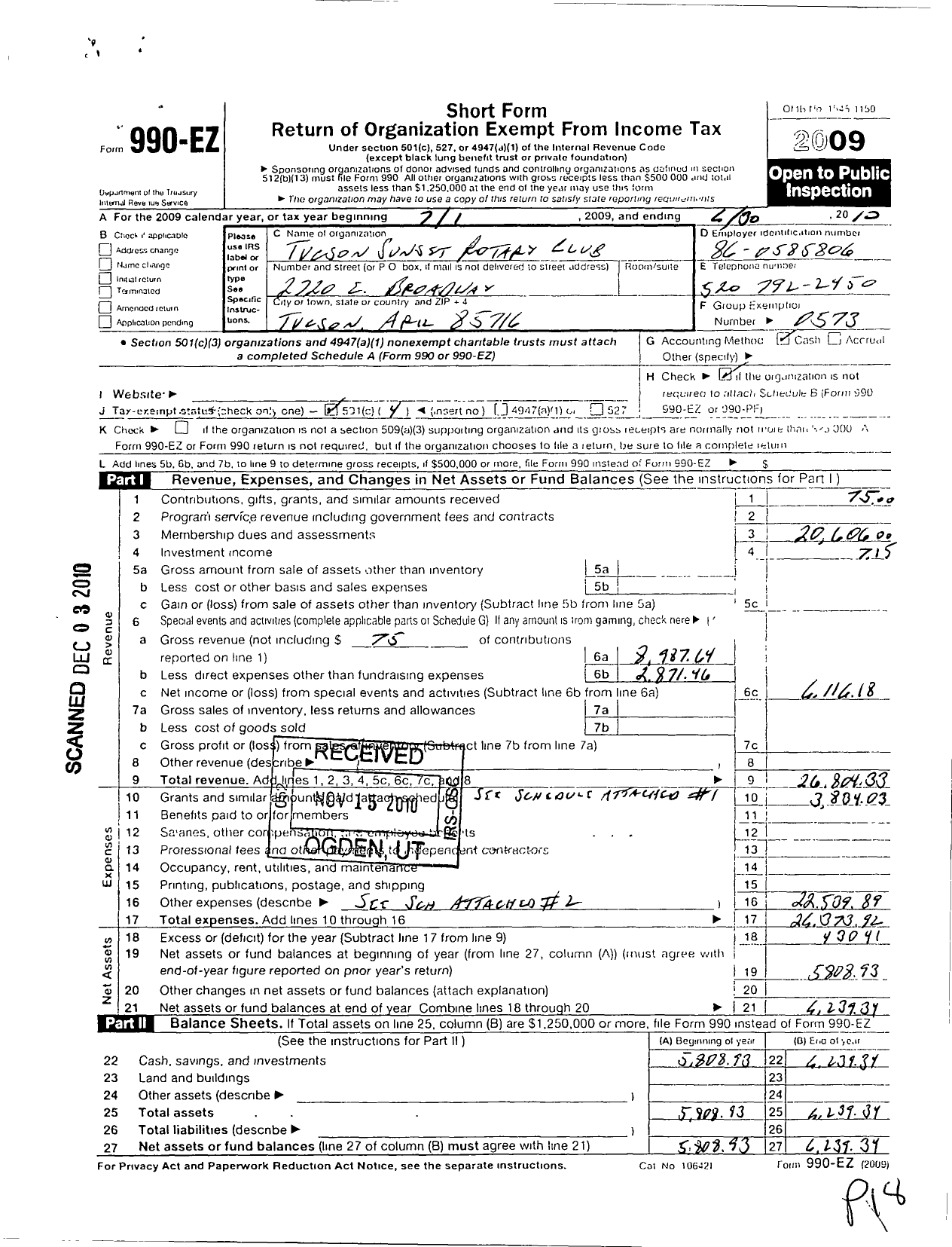 Image of first page of 2009 Form 990EO for Rotary International - Rotary Club of Tucson Sunset