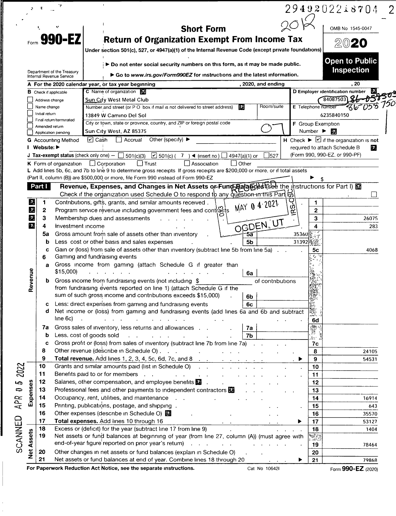 Image of first page of 2020 Form 990EO for Sun City West Metal Club