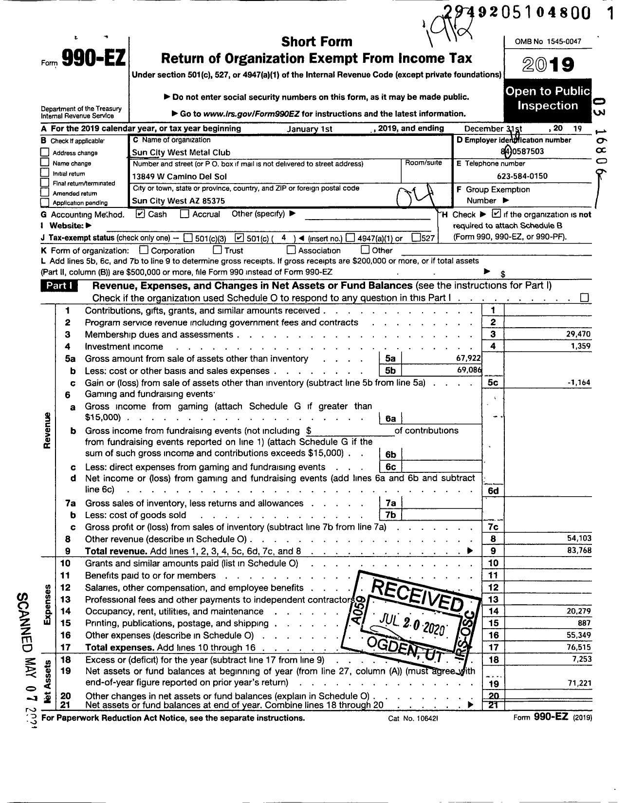 Image of first page of 2019 Form 990EO for Sun City West Metal Club