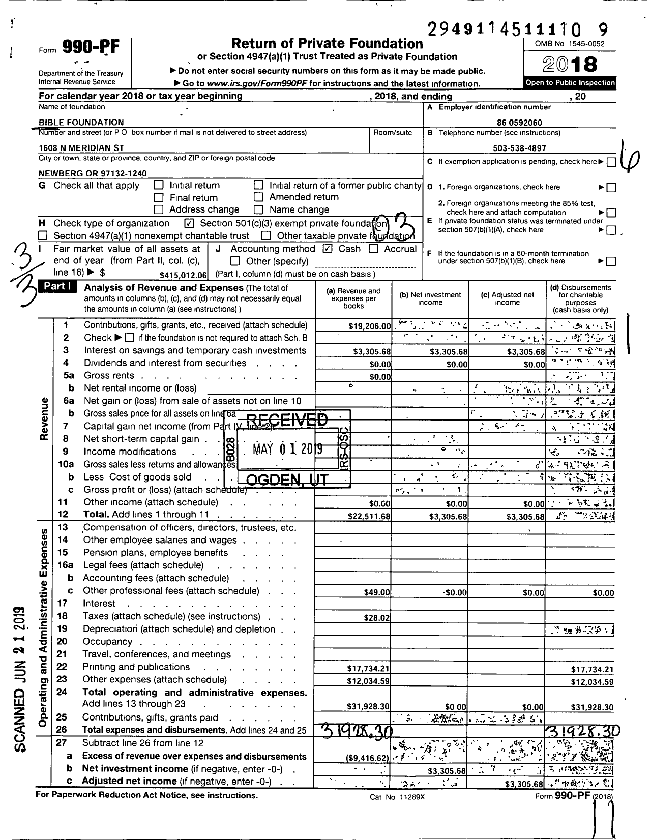 Image of first page of 2018 Form 990PF for Bible Foundation Jerry Kingery