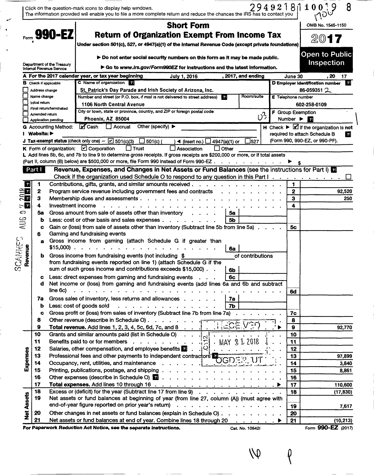 Image of first page of 2016 Form 990EZ for St Patricks Day Parade Committee and Irish Society of Arizona