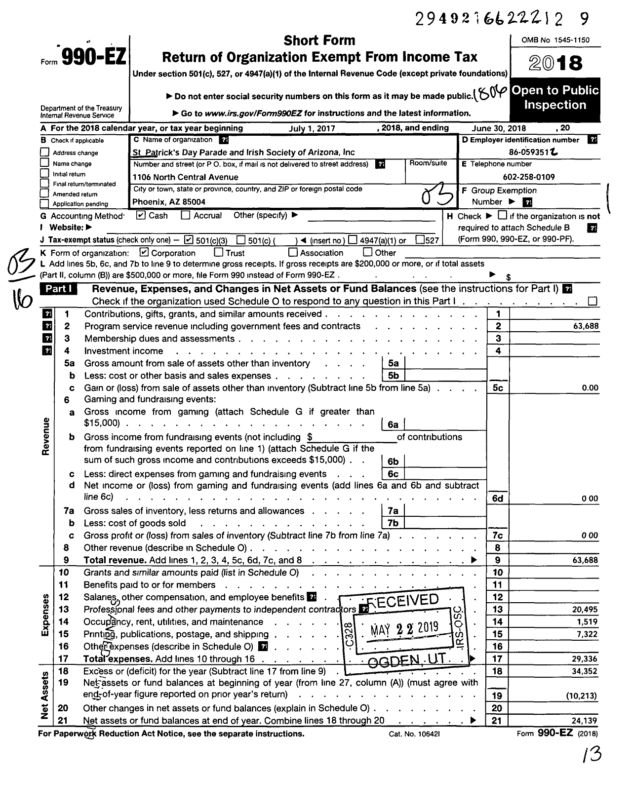 Image of first page of 2017 Form 990EZ for St Patricks Day Parade Committee and Irish Society of Arizona