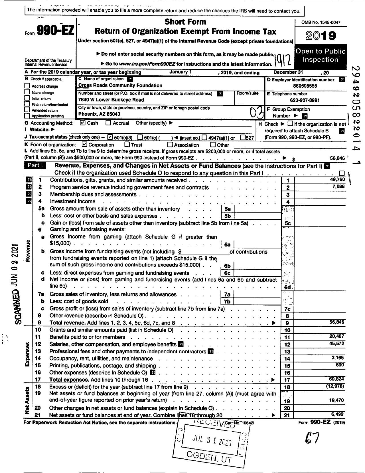 Image of first page of 2019 Form 990EZ for Cross Roads Community Foundation