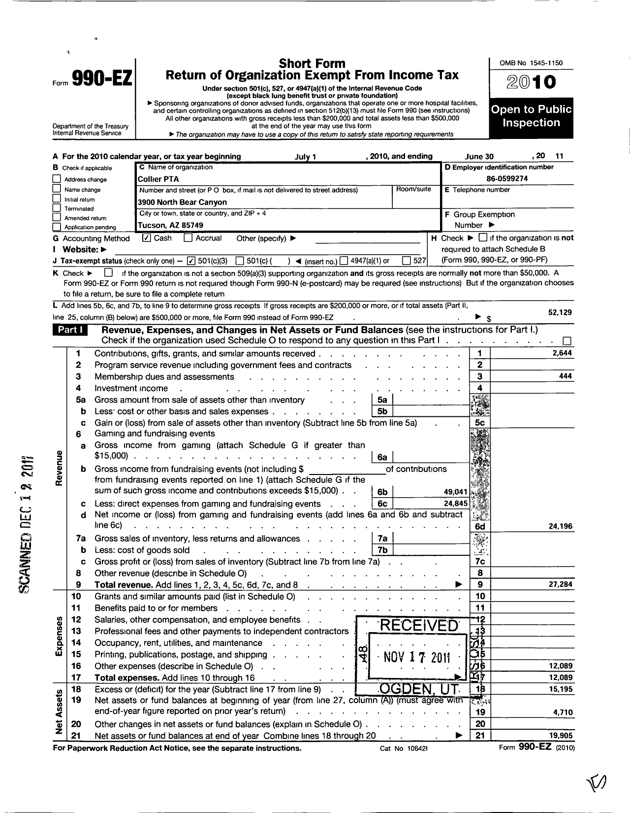 Image of first page of 2010 Form 990EZ for PTA Arizona Congress of Parents and Teachers / Collier PTA Tuscon