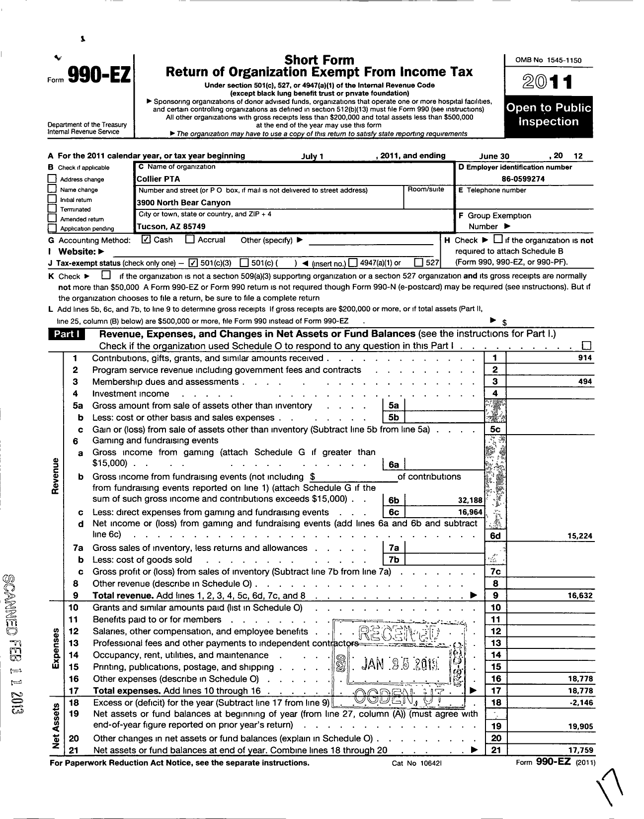 Image of first page of 2011 Form 990EZ for PTA Arizona Congress of Parents and Teachers / Collier PTA Tuscon