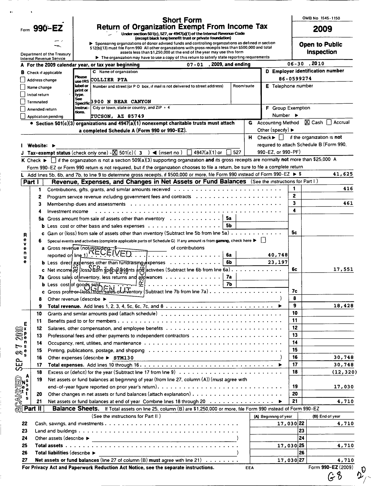 Image of first page of 2009 Form 990EZ for PTA Arizona Congress of Parents and Teachers / Collier PTA Tuscon