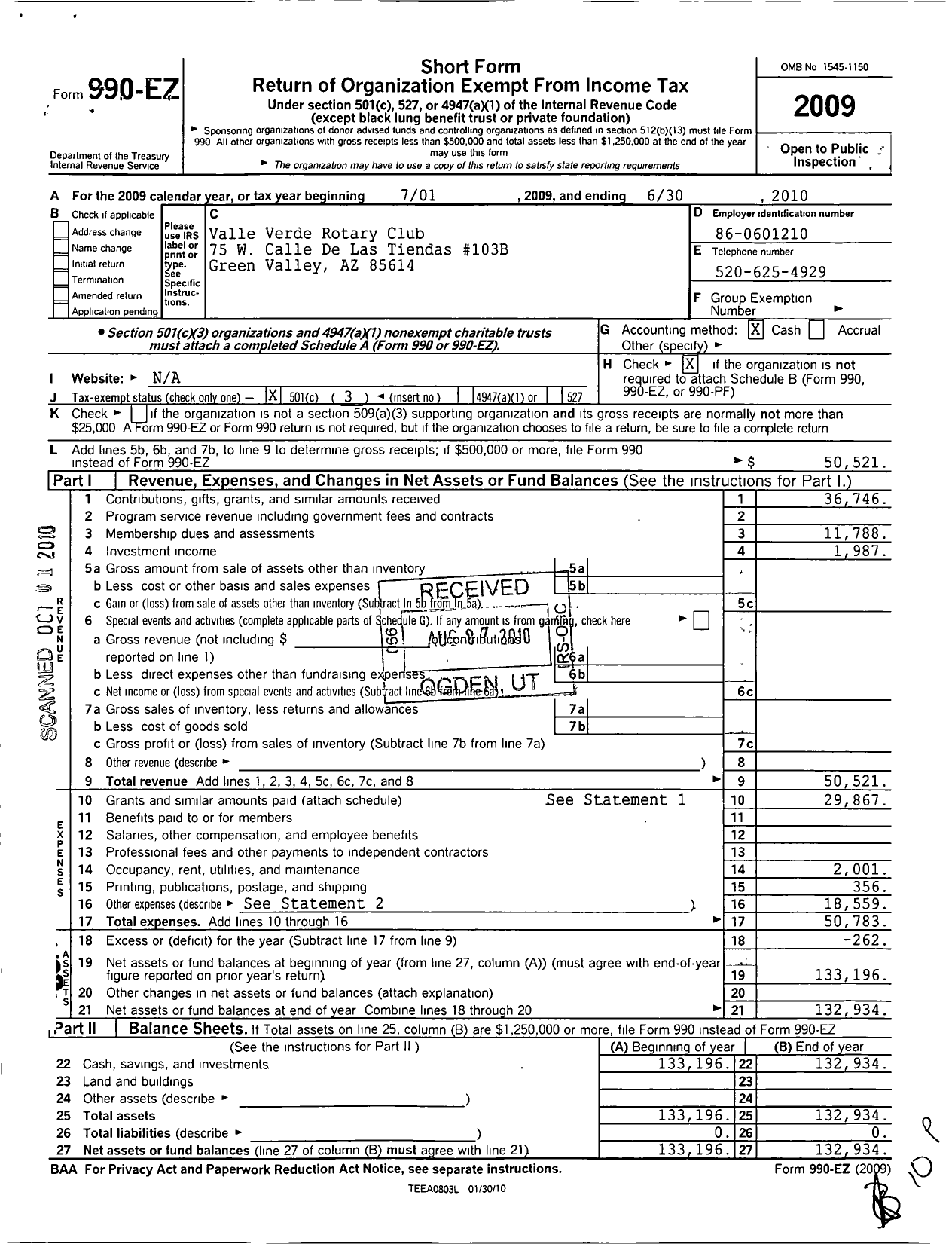 Image of first page of 2009 Form 990EZ for Rotary International - Valle Verde Green Valley