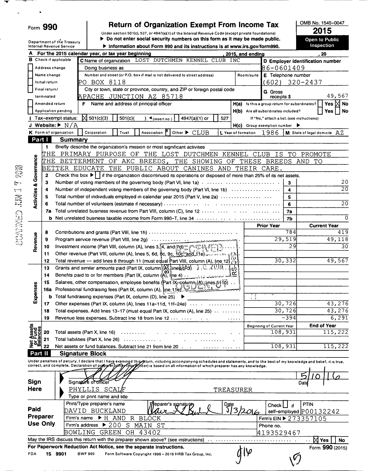 Image of first page of 2015 Form 990 for Lost Dutchman Kennel Club