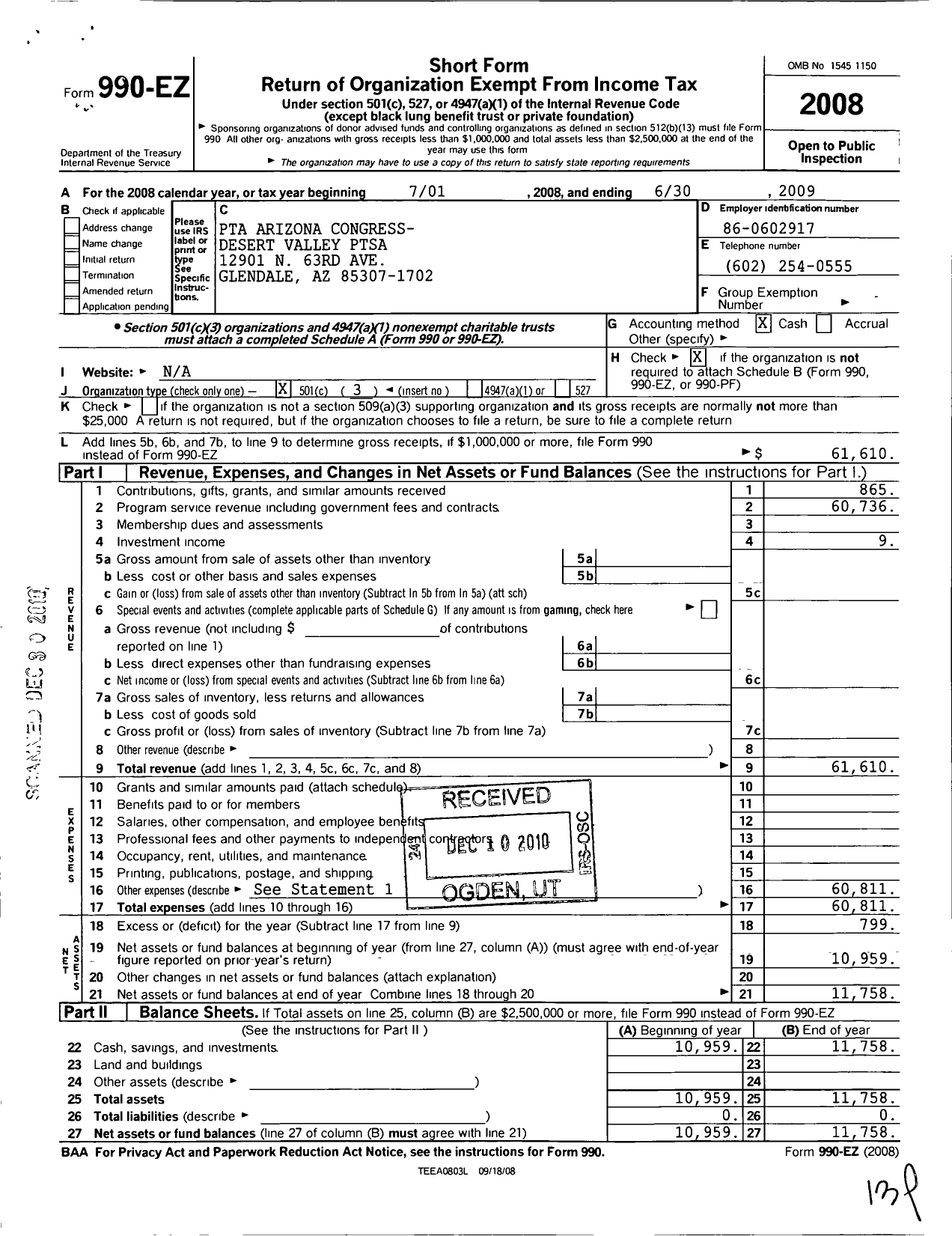 Image of first page of 2008 Form 990EZ for PTA Arizona Congress of Parents and Teachers / Desert Valley Ptsa