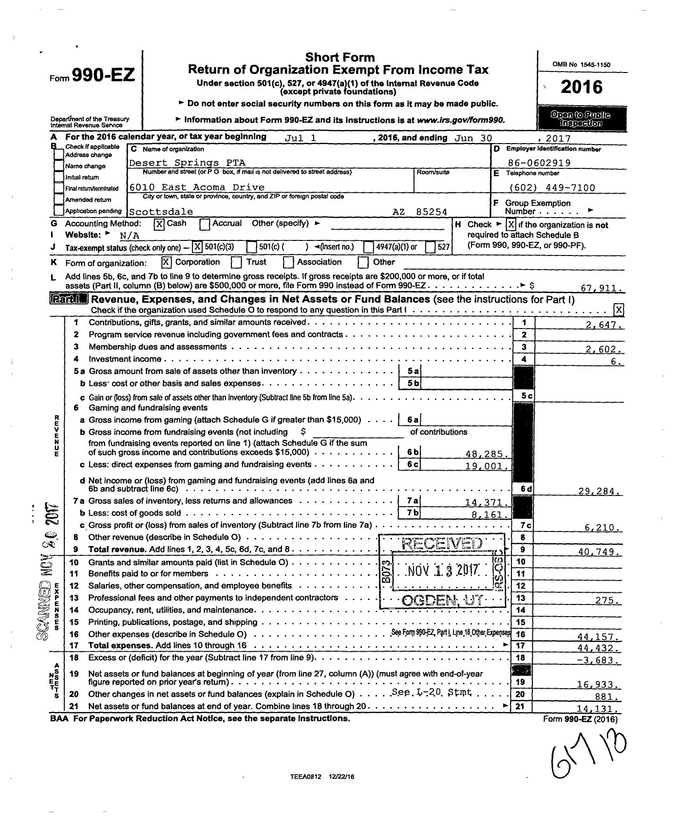 Image of first page of 2016 Form 990EZ for PTA Arizona Congress of Parents and Teachers / Desert Springs Preparatory Elementa