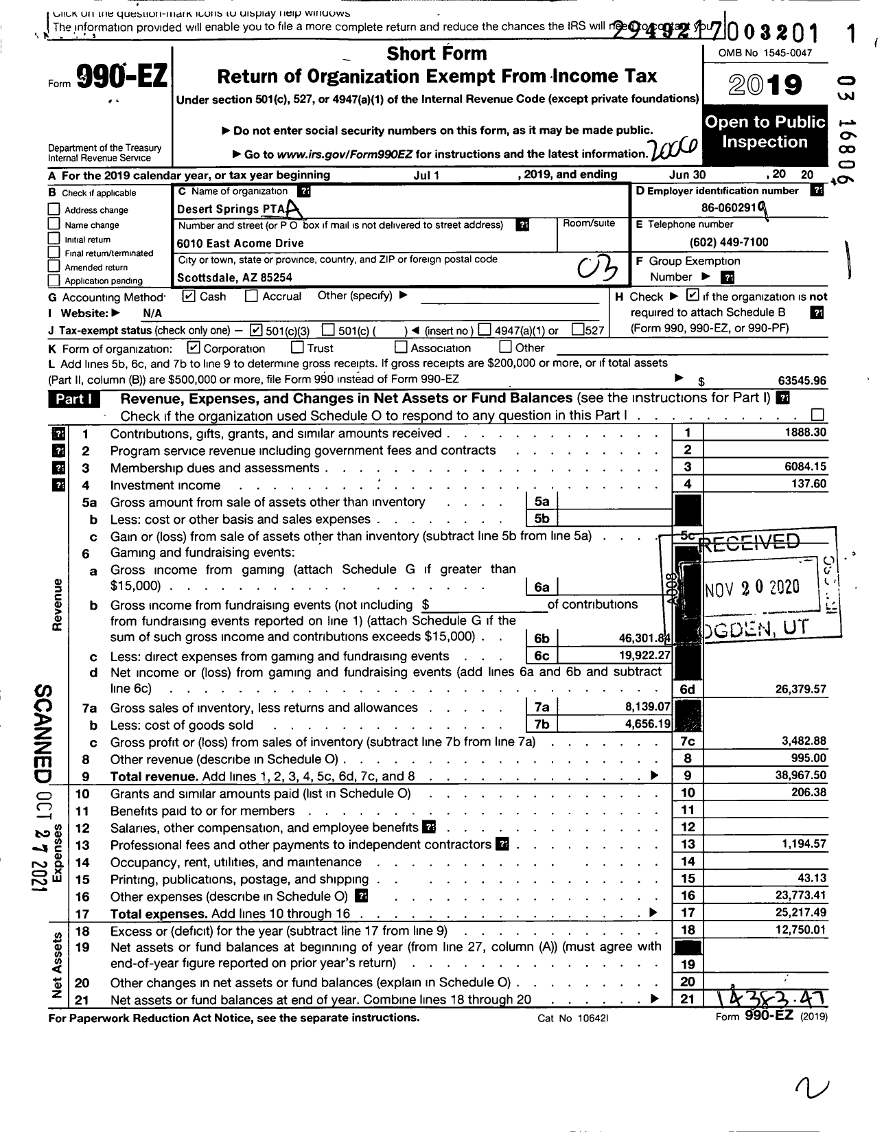 Image of first page of 2019 Form 990EZ for PTA Arizona Congress of Parents and Teachers / Desert Springs Preparatory Elementa