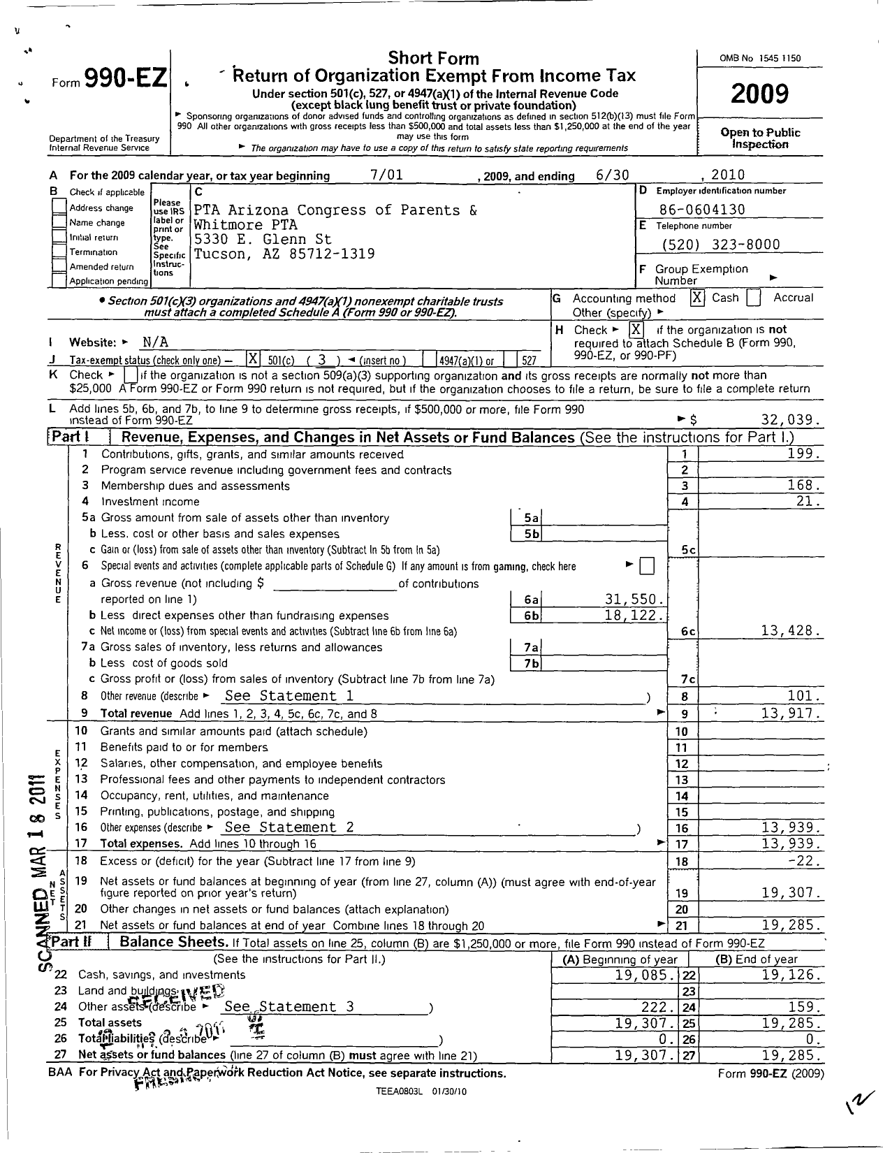 Image of first page of 2009 Form 990EZ for PTA Arizona Congress of Parents and Teachers / Whitmore PTA