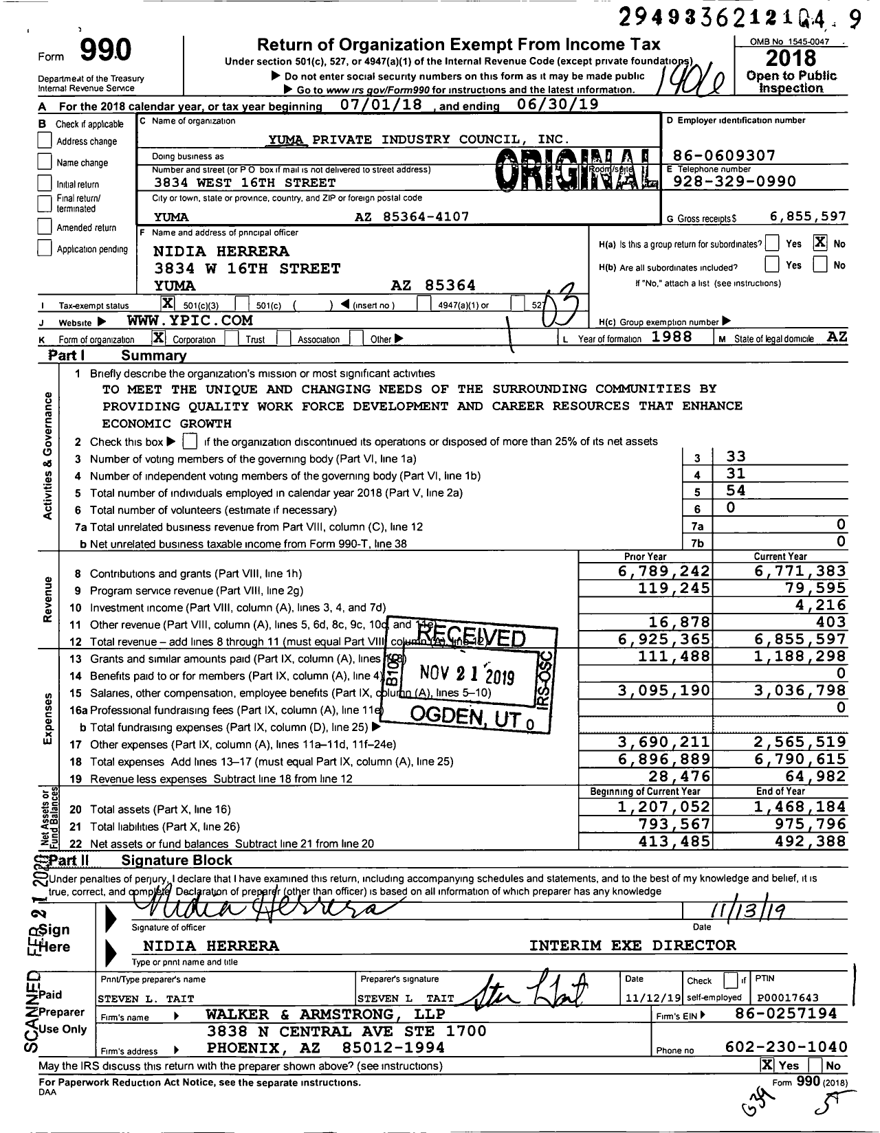 Image of first page of 2018 Form 990 for Yuma Private Industry Council