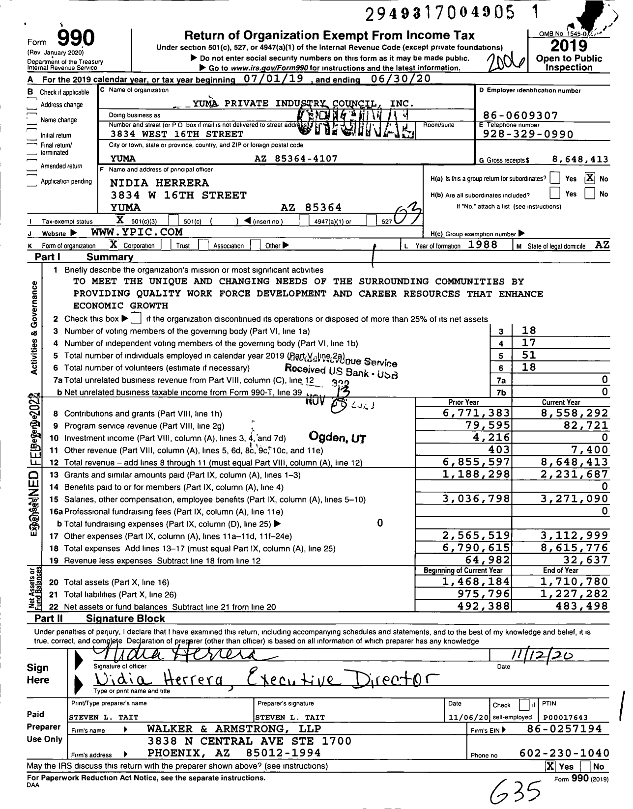 Image of first page of 2019 Form 990 for Yuma Private Industry Council