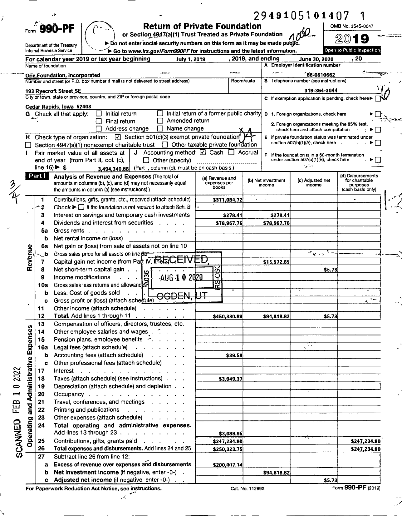 Image of first page of 2019 Form 990PF for One Foundation Incorporated