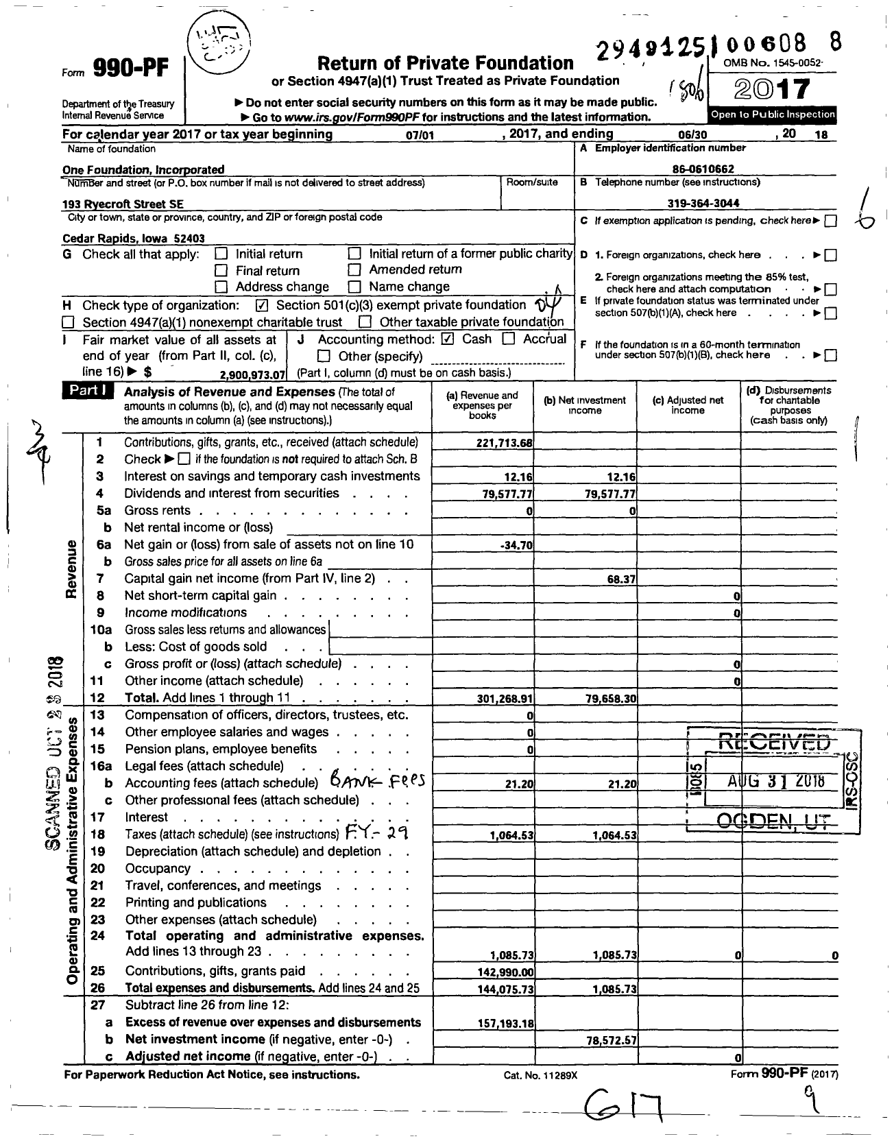 Image of first page of 2017 Form 990PF for One Foundation Incorporated