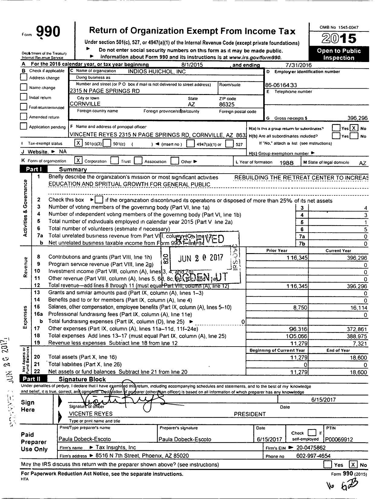 Image of first page of 2015 Form 990 for Indios Huichol