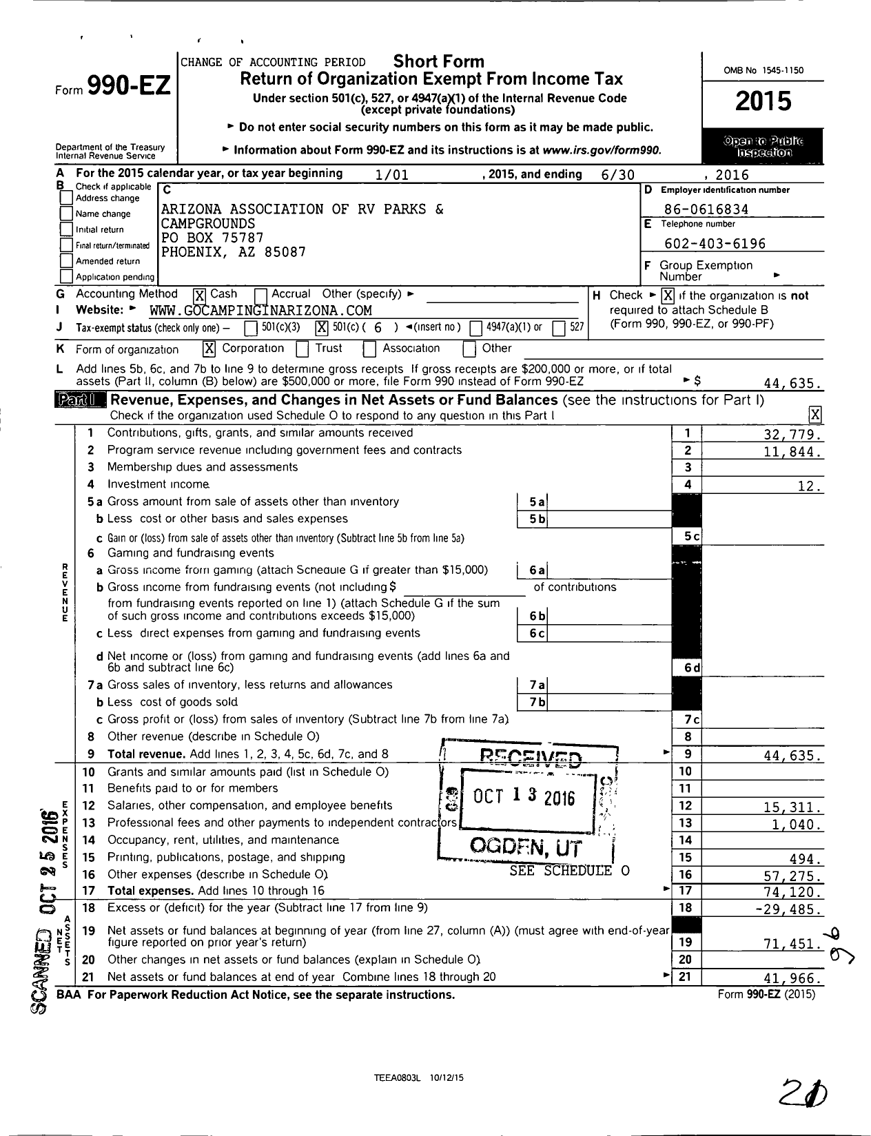 Image of first page of 2015 Form 990EO for Arizona Association of RV Parks and Campgrounds