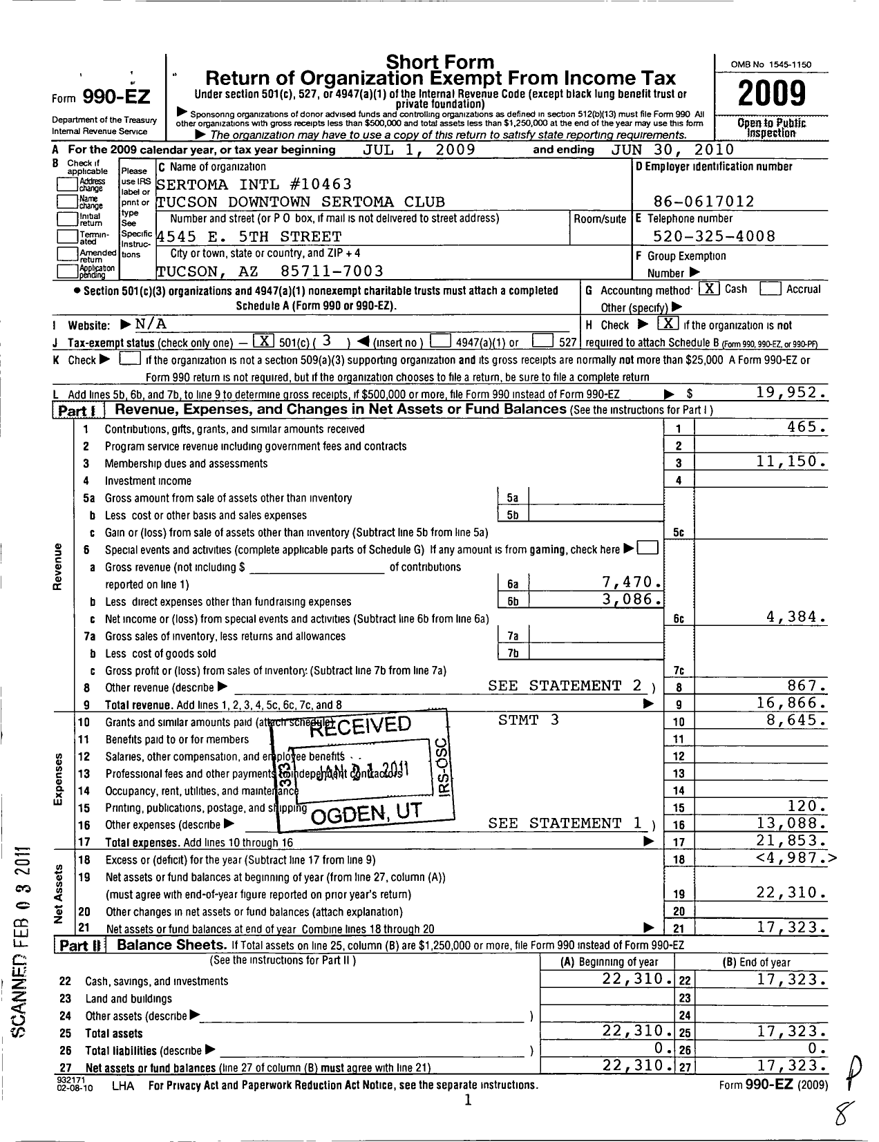 Image of first page of 2009 Form 990EZ for Sertoma - 00463 Tucson Downtown Sertoma Club