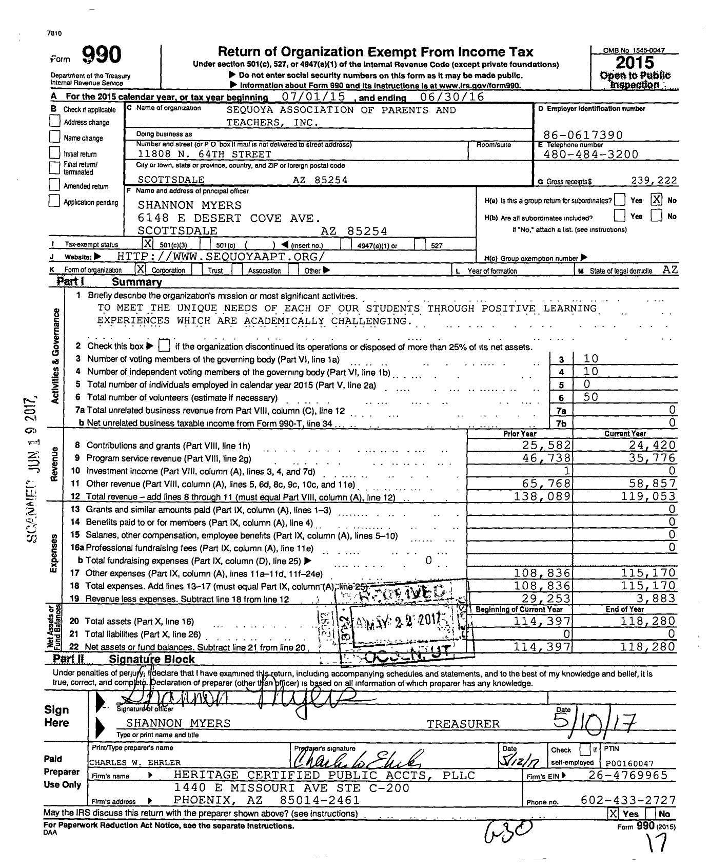 Image of first page of 2015 Form 990 for Sequoya Association of Parents and Teachers