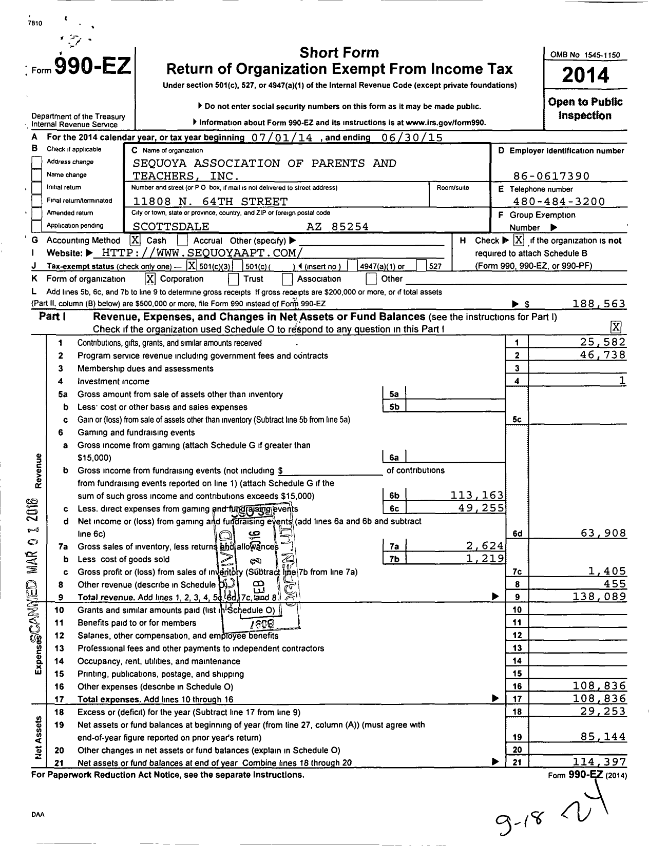 Image of first page of 2014 Form 990EZ for Sequoya Association of Parents and Teachers