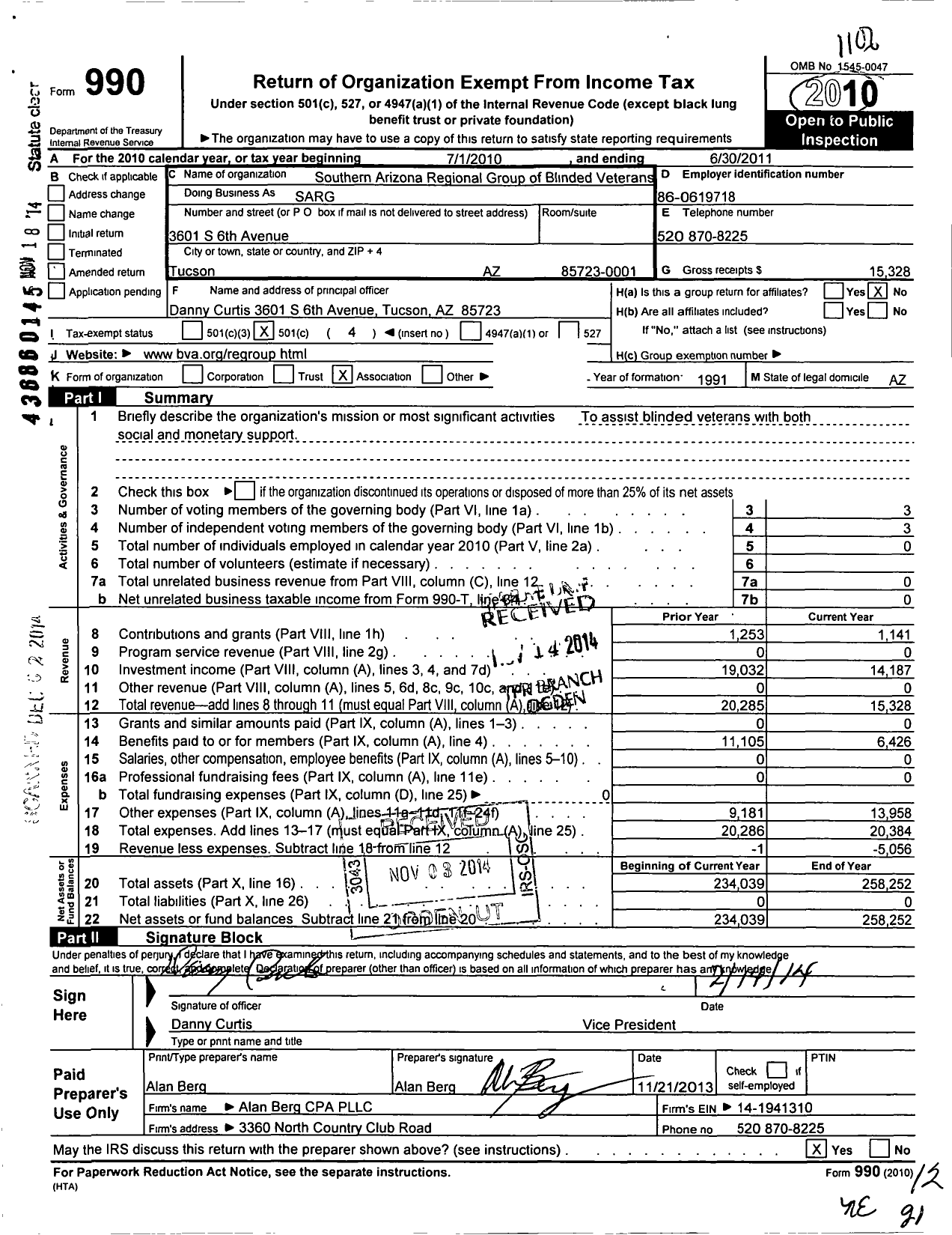 Image of first page of 2010 Form 990O for Southern Arizona Regional Group of the Blinded Veterans Association