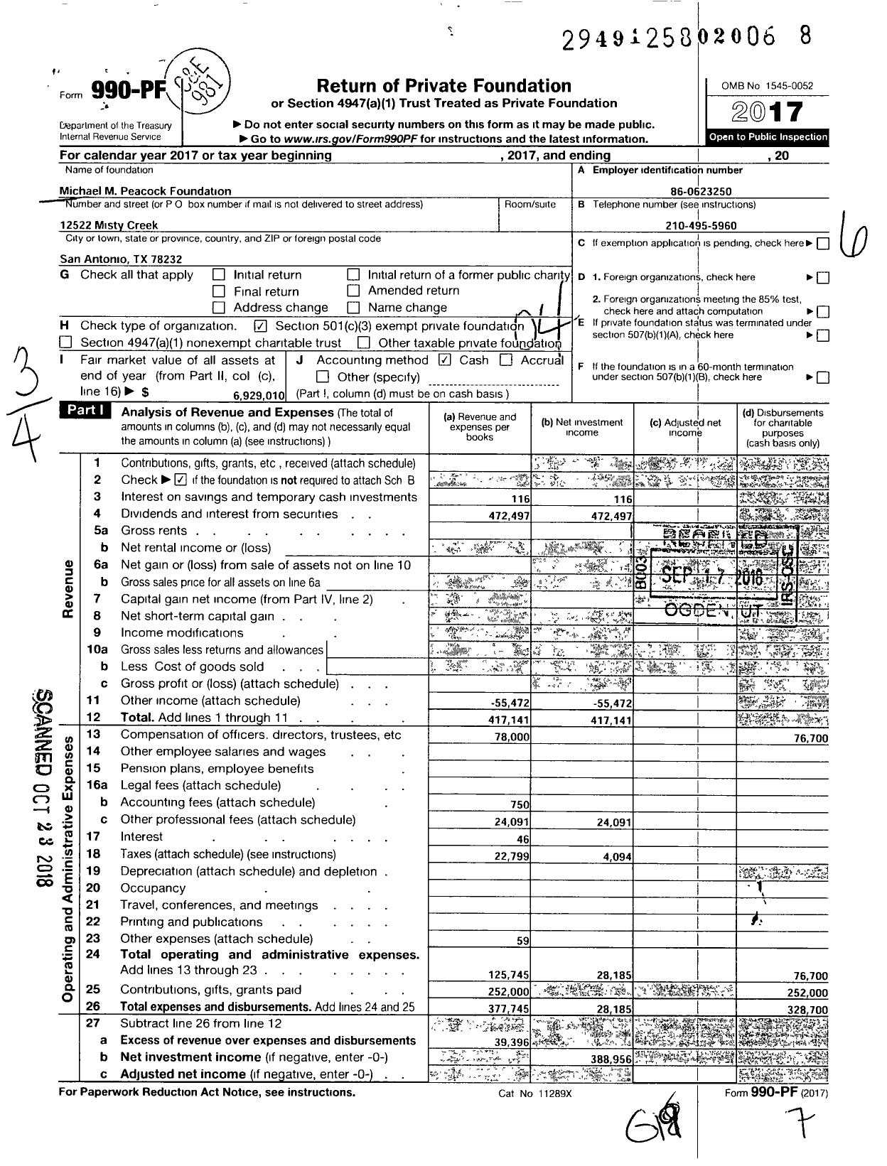 Image of first page of 2017 Form 990PF for Michael M Peacock Foundation