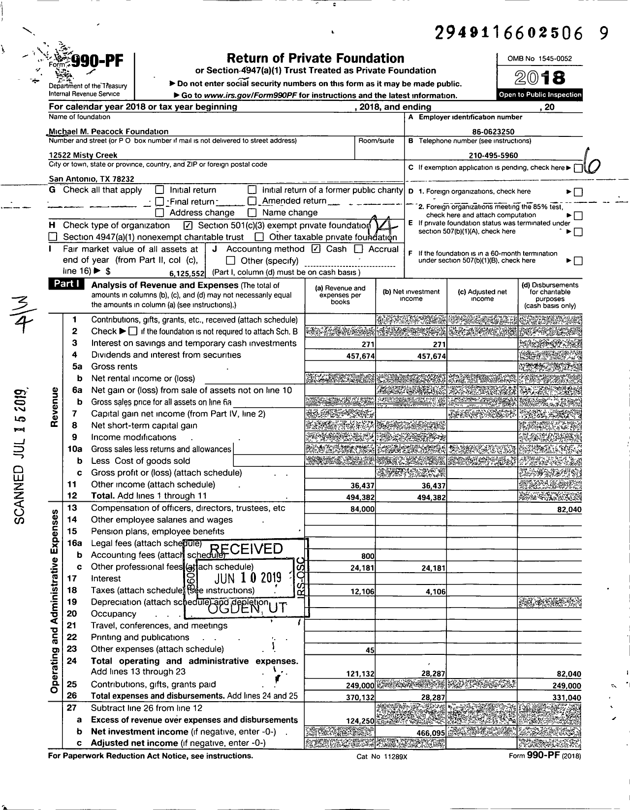 Image of first page of 2018 Form 990PF for Michael M Peacock Foundation