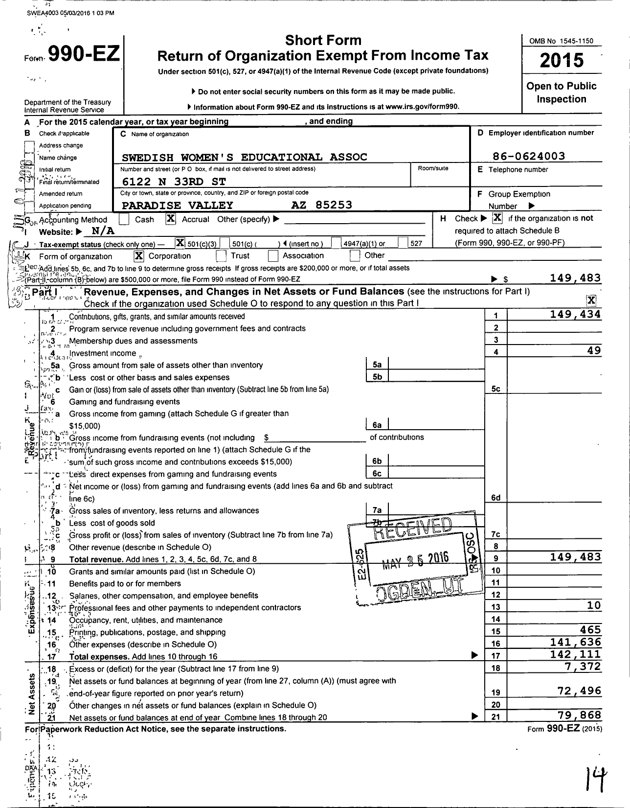 Image of first page of 2015 Form 990EZ for Swedish Womens Educational Association / Arizona