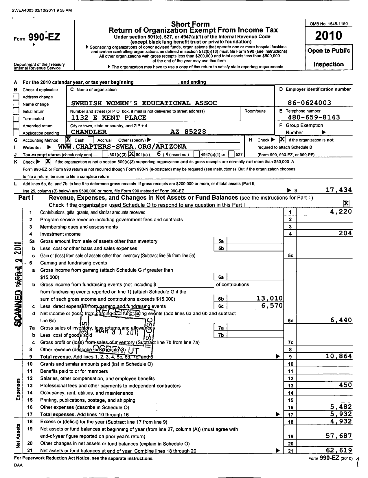 Image of first page of 2010 Form 990EO for Swedish Womens Educational Association / Arizona