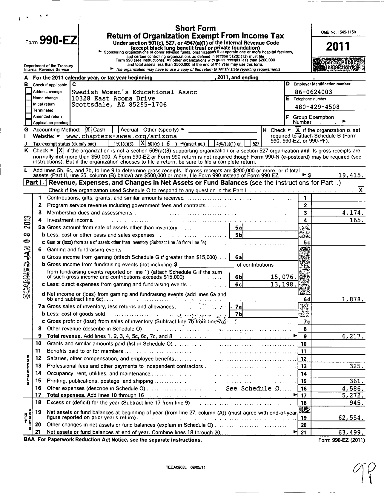 Image of first page of 2011 Form 990EO for Swedish Womens Educational Association / Arizona