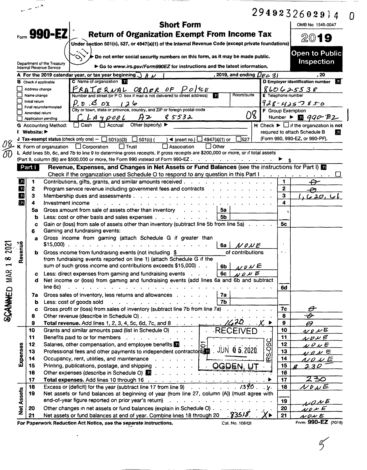 Image of first page of 2019 Form 990EO for Fraternal Order of Police - 6 Gila Lodge