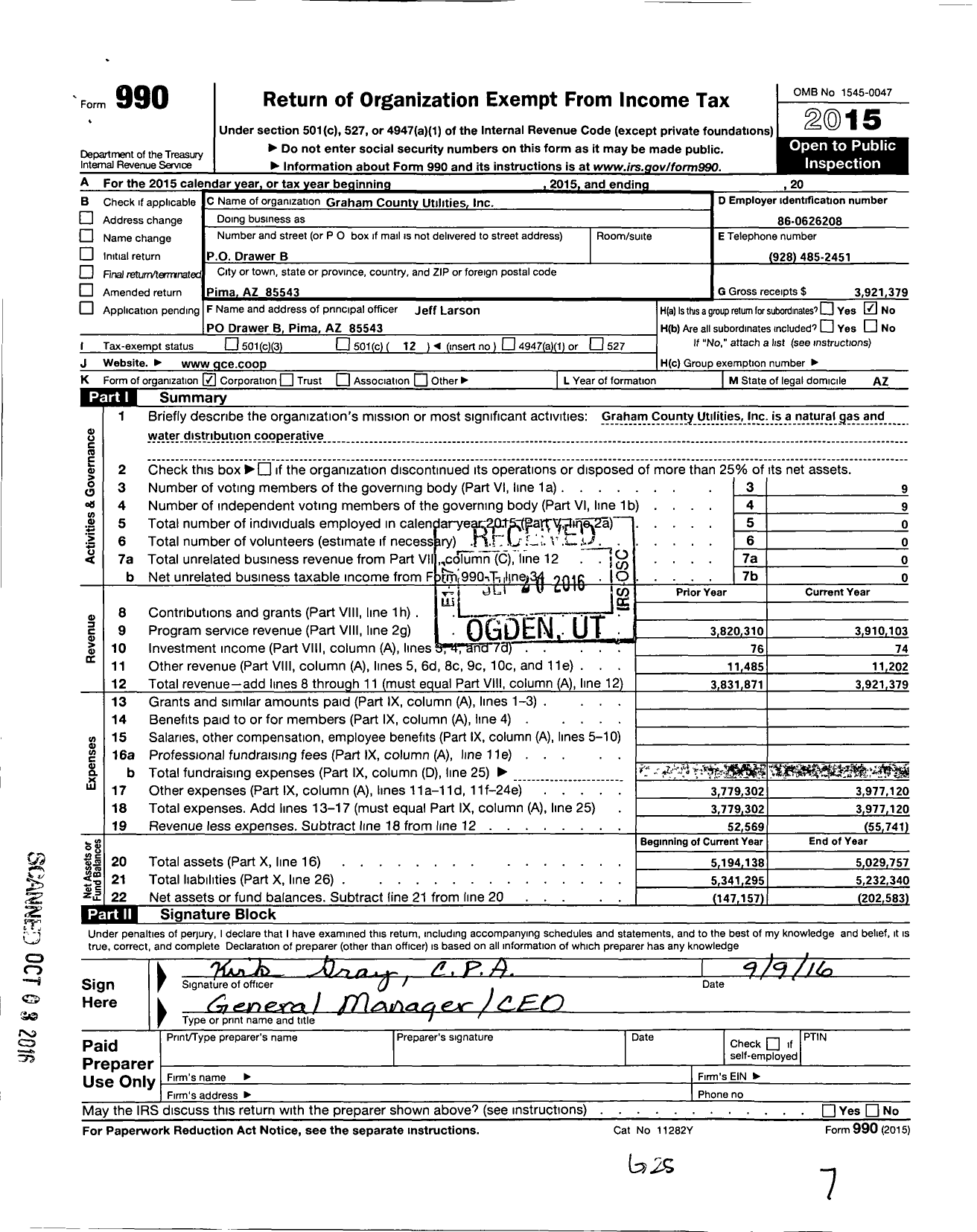 Image of first page of 2015 Form 990O for Graham County Utilities