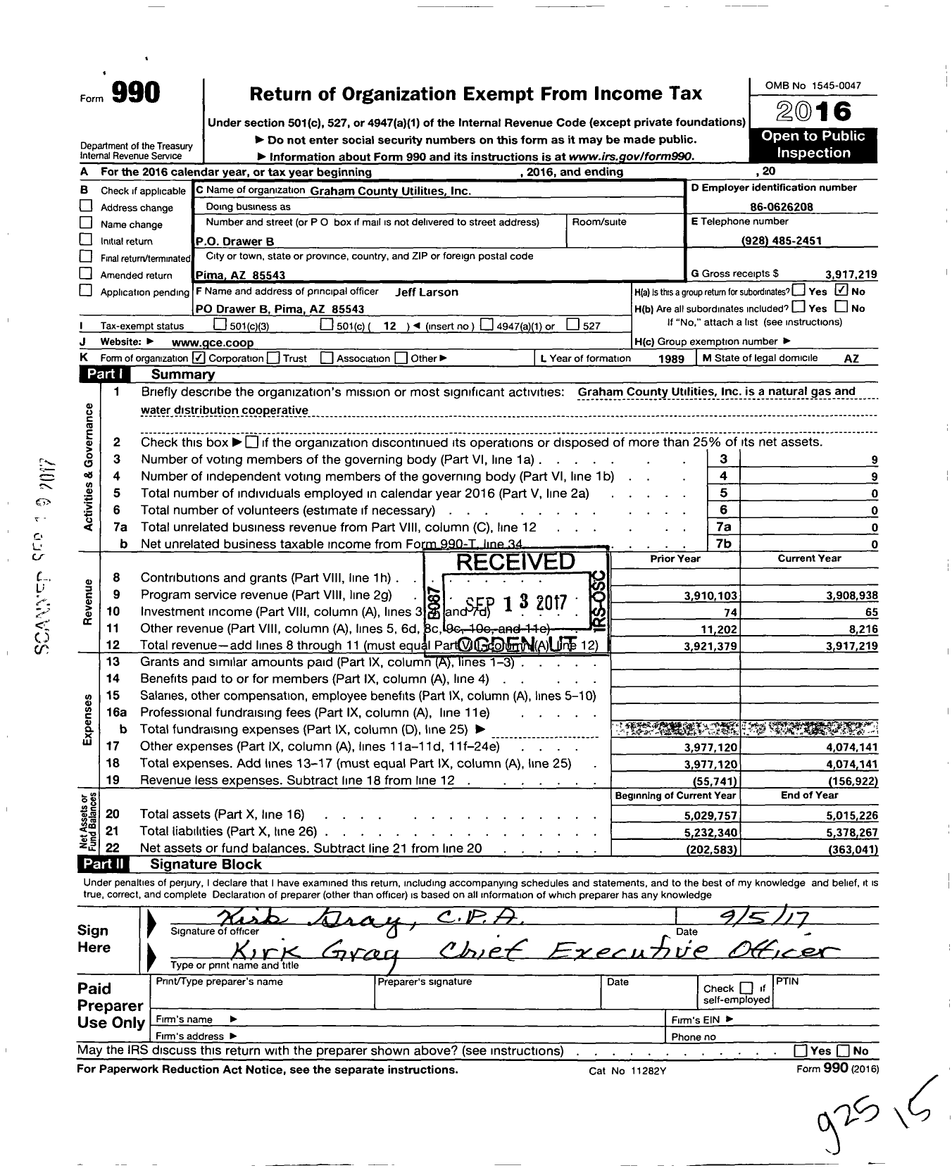 Image of first page of 2016 Form 990O for Graham County Utilities