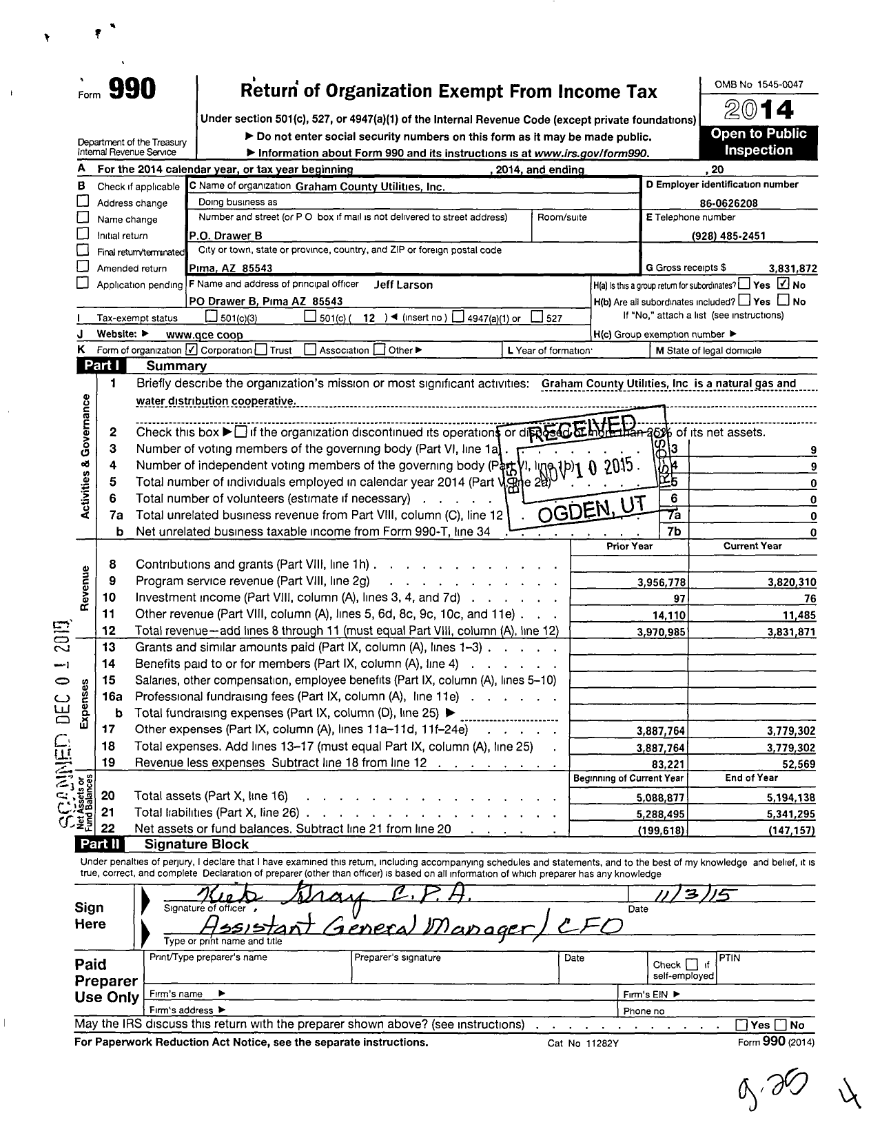 Image of first page of 2014 Form 990O for Graham County Utilities