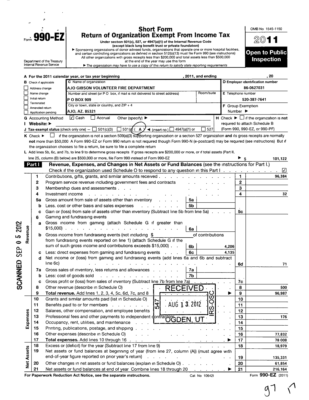 Image of first page of 2011 Form 990EO for Ajo Gibson Volunteer Fire Department