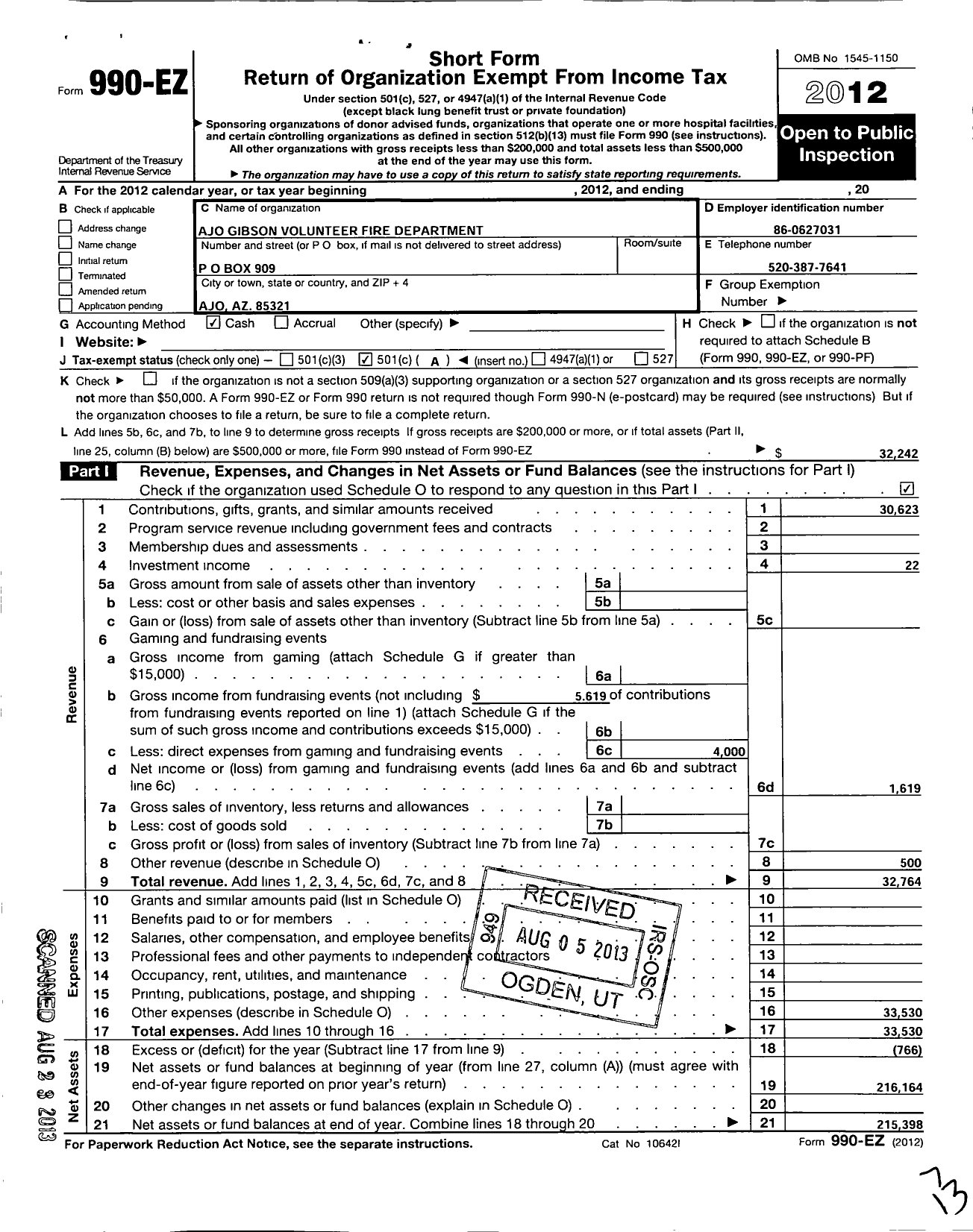 Image of first page of 2012 Form 990EO for Ajo Gibson Volunteer Fire Department