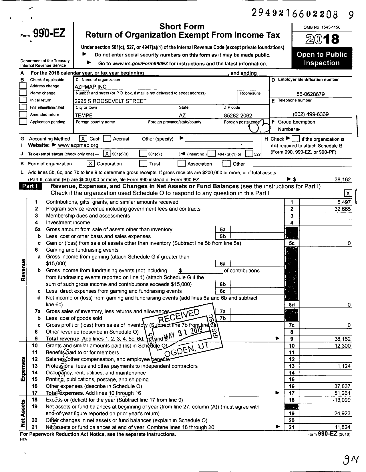 Image of first page of 2018 Form 990EZ for Azpmap