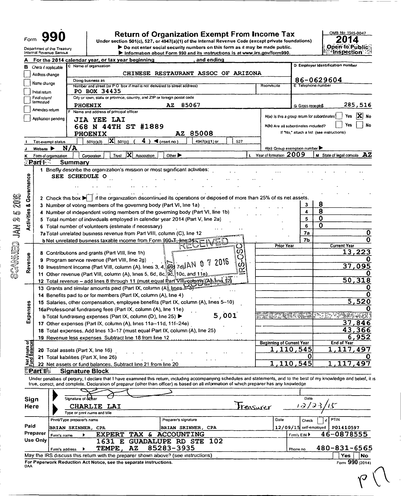 Image of first page of 2014 Form 990O for Chinese Restaurant Association of Arizona