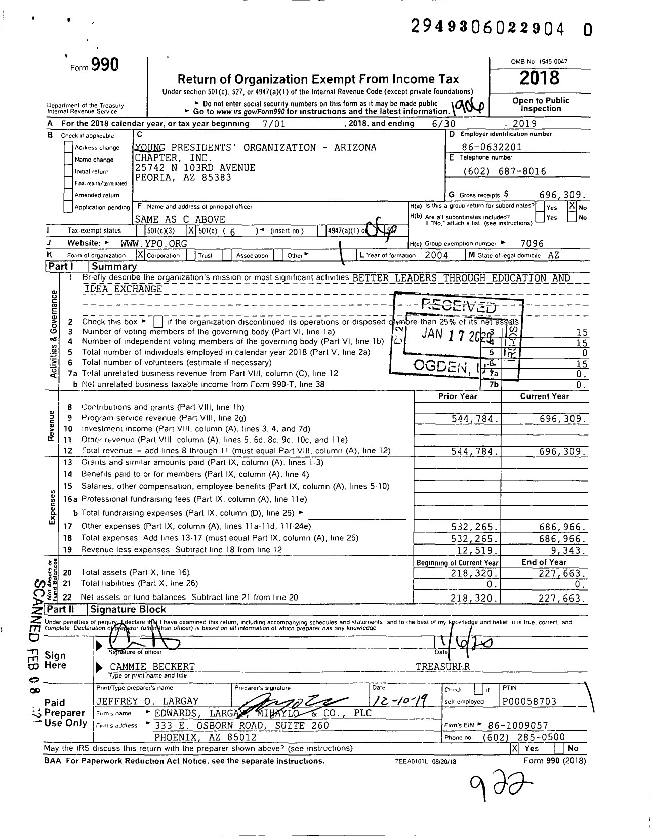 Image of first page of 2018 Form 990O for Young Presidents' Organization - Wpo Arizona Chapter