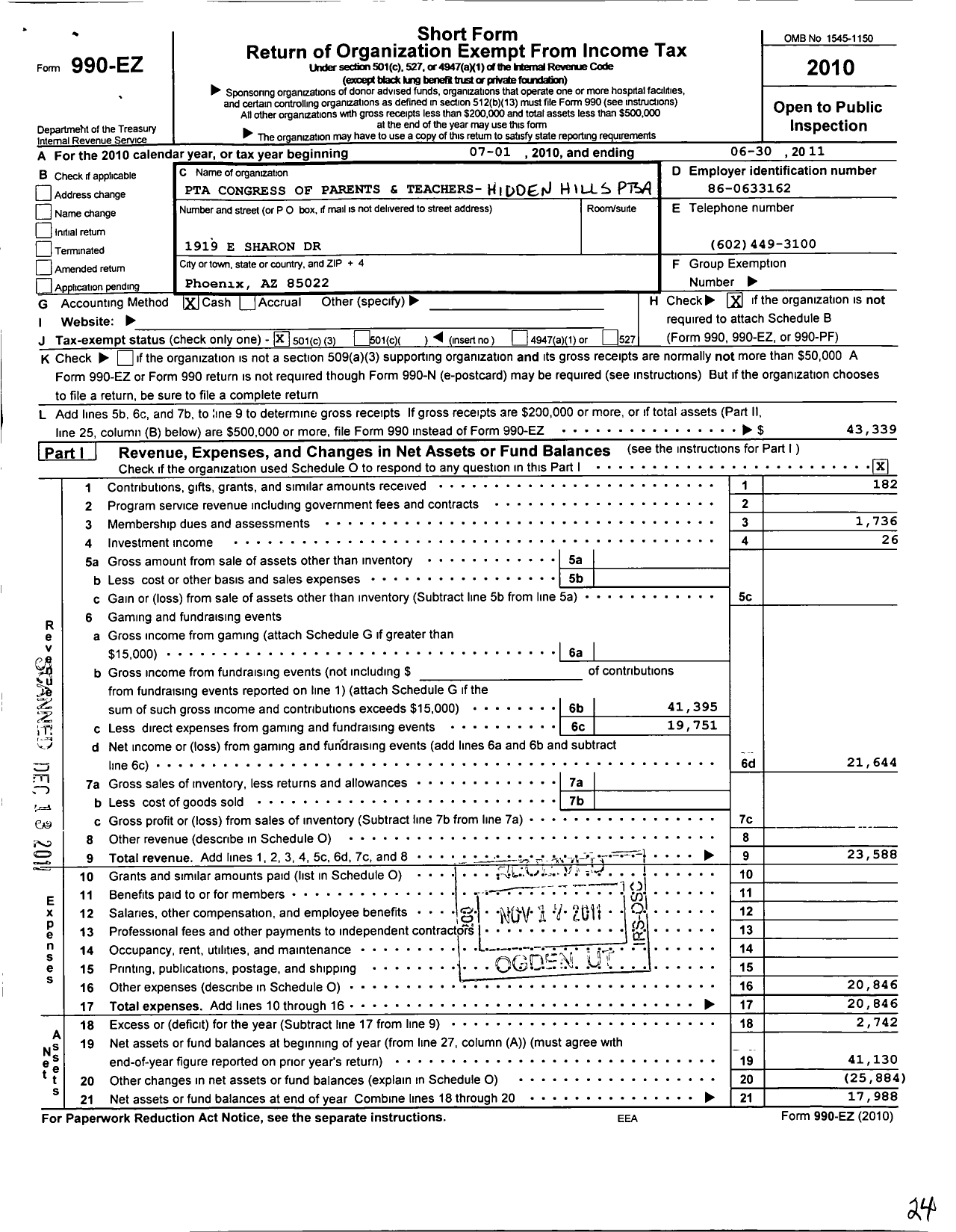 Image of first page of 2010 Form 990EZ for PTA Arizona Congress of Parents and Teachers / Hidden Hills Ptsa