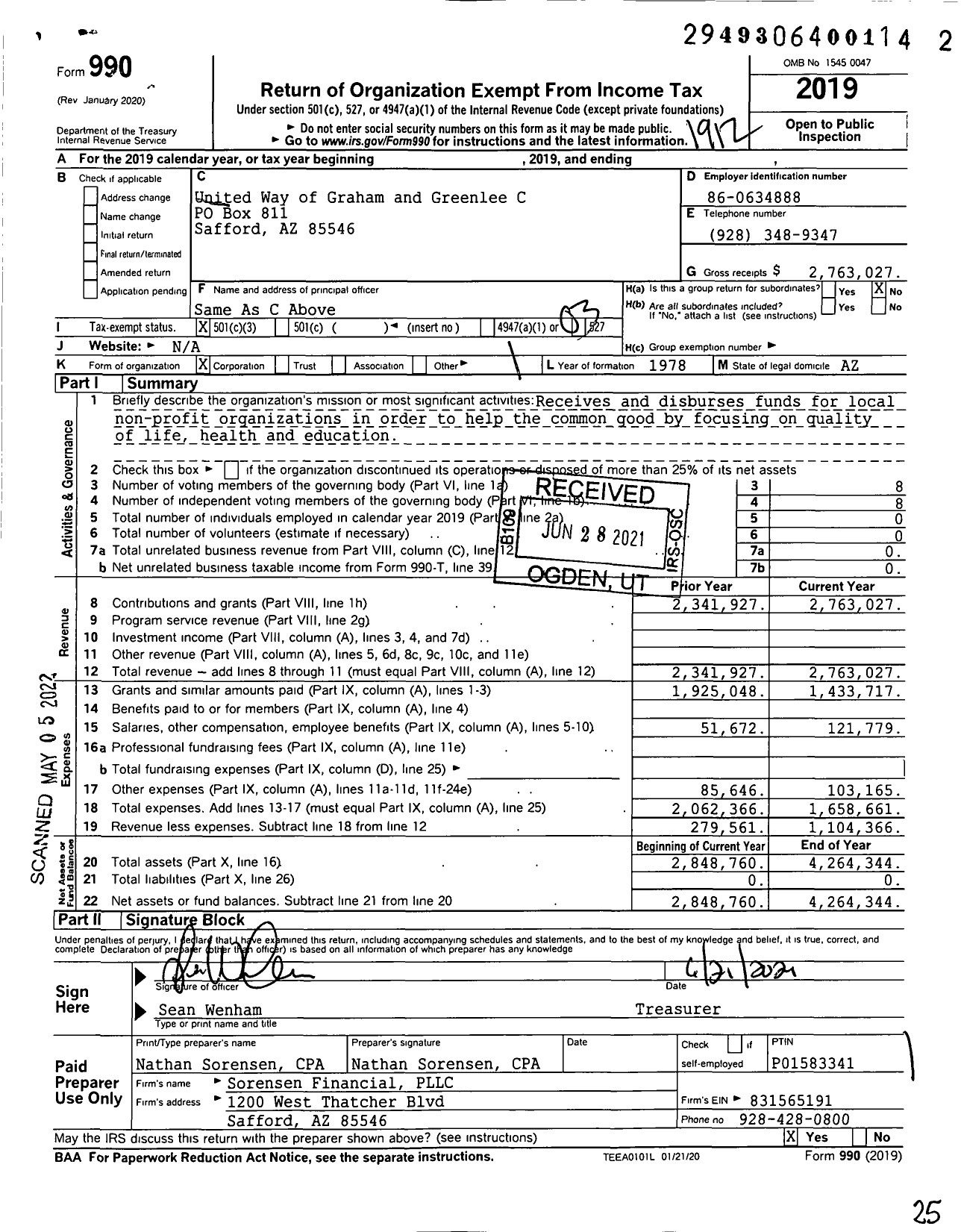 Image of first page of 2019 Form 990 for United Way of Graham and Greenlee Counties