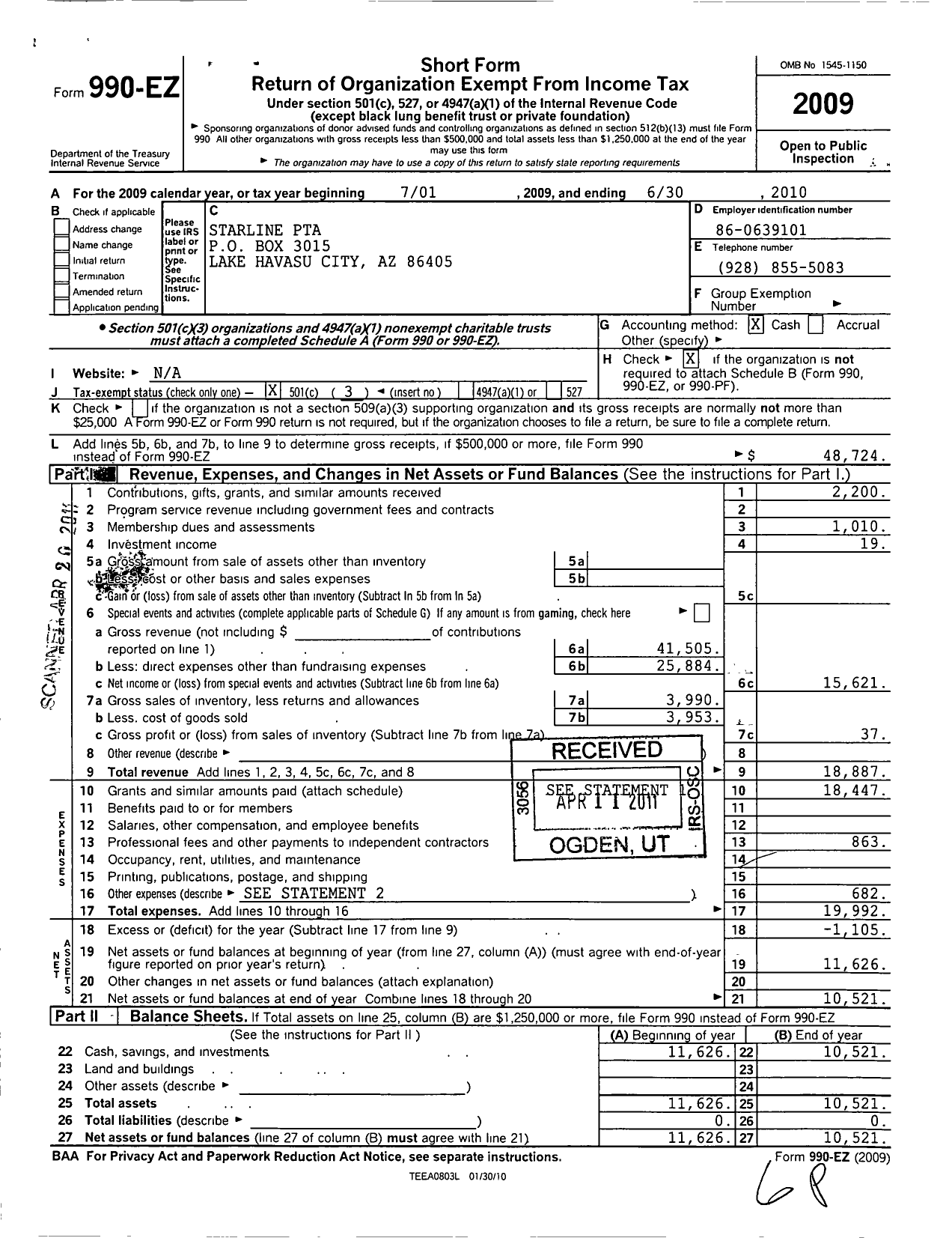 Image of first page of 2009 Form 990EZ for PTA Arizona Congress of Parents and Teachers / Starline PTA