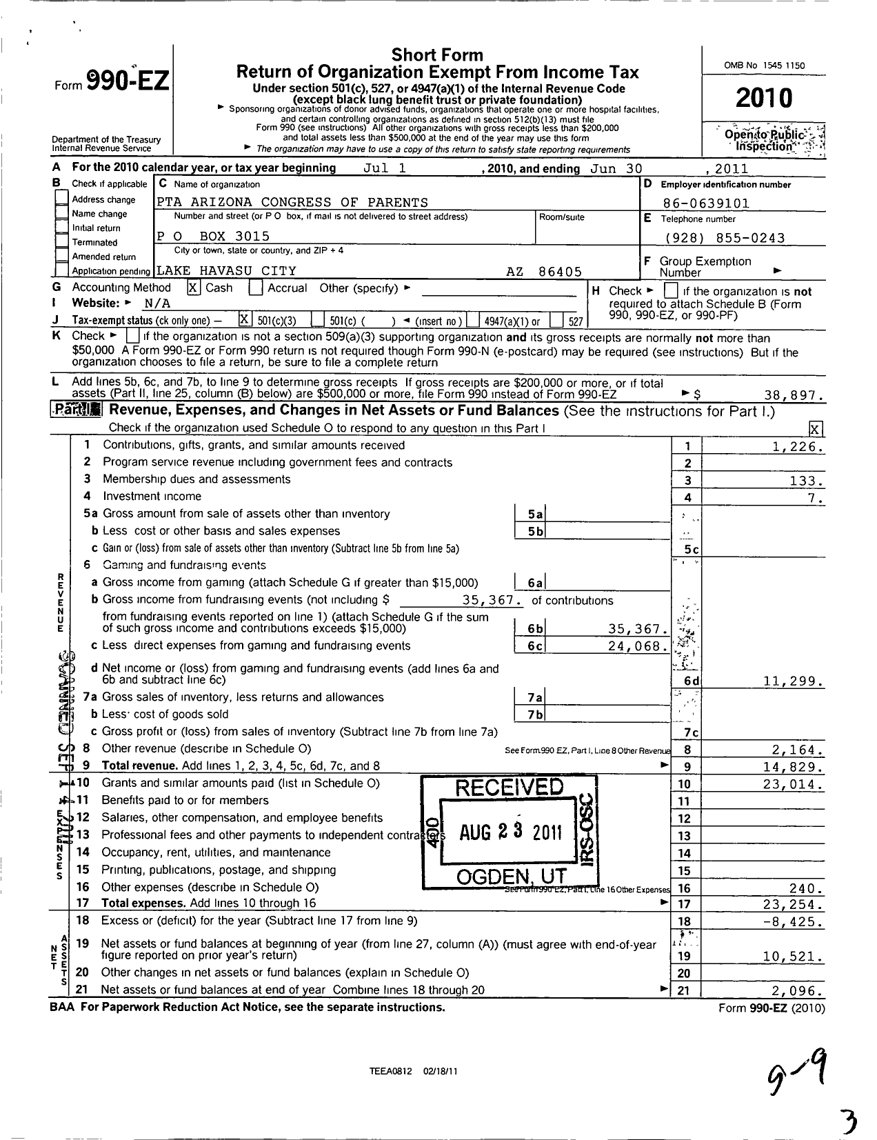 Image of first page of 2010 Form 990EZ for PTA Arizona Congress of Parents and Teachers / Starline PTA