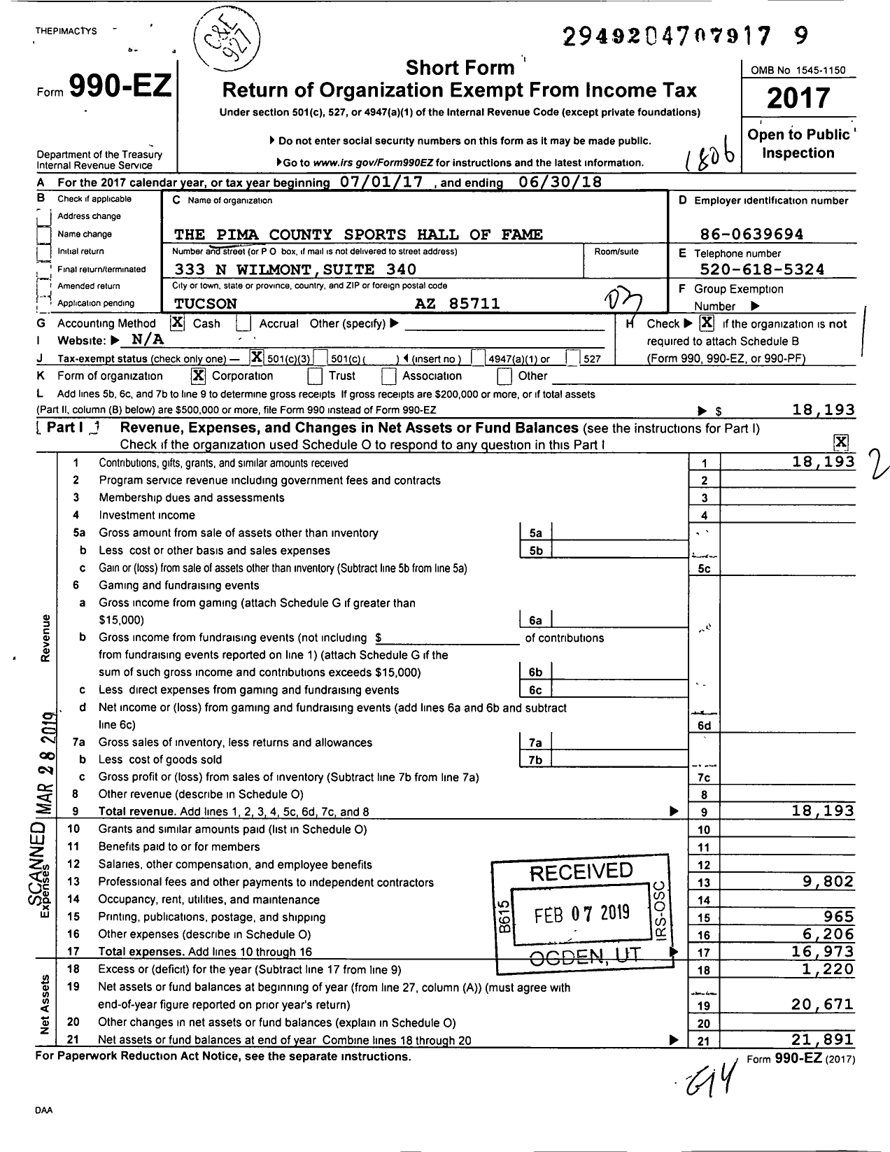 Image of first page of 2017 Form 990EZ for The Pima County Sports Hall of Fame