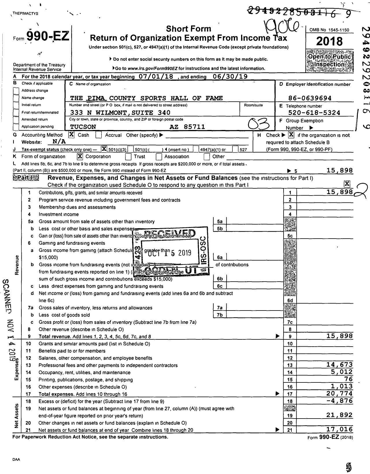 Image of first page of 2018 Form 990EZ for The Pima County Sports Hall of Fame