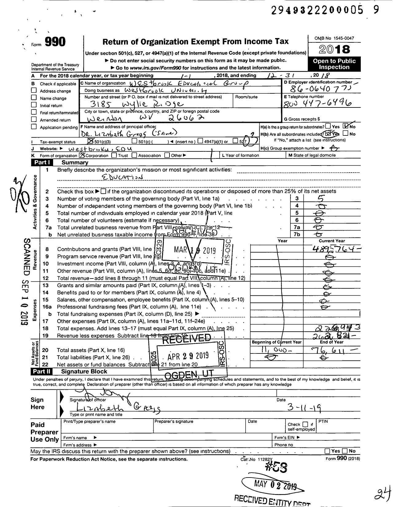 Image of first page of 2018 Form 990 for Westbrook University